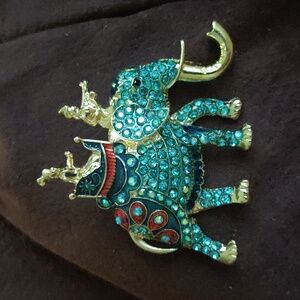 Teal Rhinestone Elephant Brooch